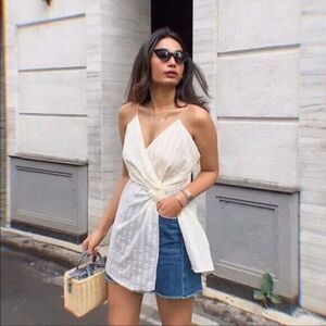 Zara Blogger‎ Fave Cream Striped Knot Front Spaghetti Strap Tunic Dress Size XS